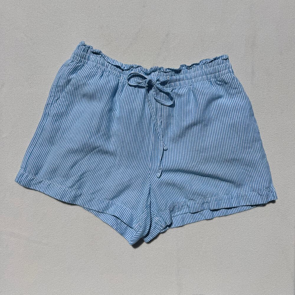LOFT Drawstring Shorts Pinstriped Linen Blend Blue White Size L